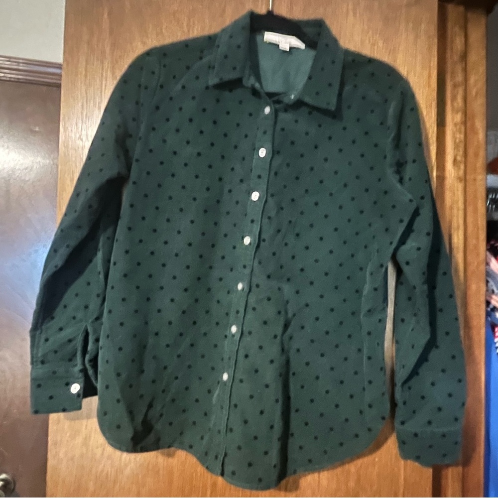 Ann Taylor Loft Velvet Dot Corduroy Everyday Shirt Emerald Green Sz S Button Up - Picture 2 of 8